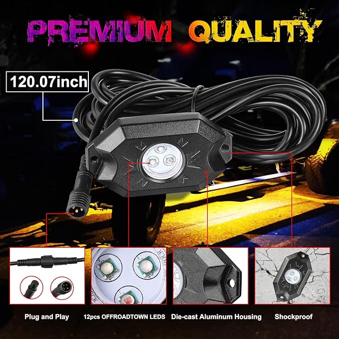 OFFROADTOWN RGB LED Rock Lights Kit 4 pods Neon Trail Rig Light Underglow with Bluetooth App Control for UTV ATV Polaris Can-Am Yamaha Honda Kawasaki Boat Motorcycle