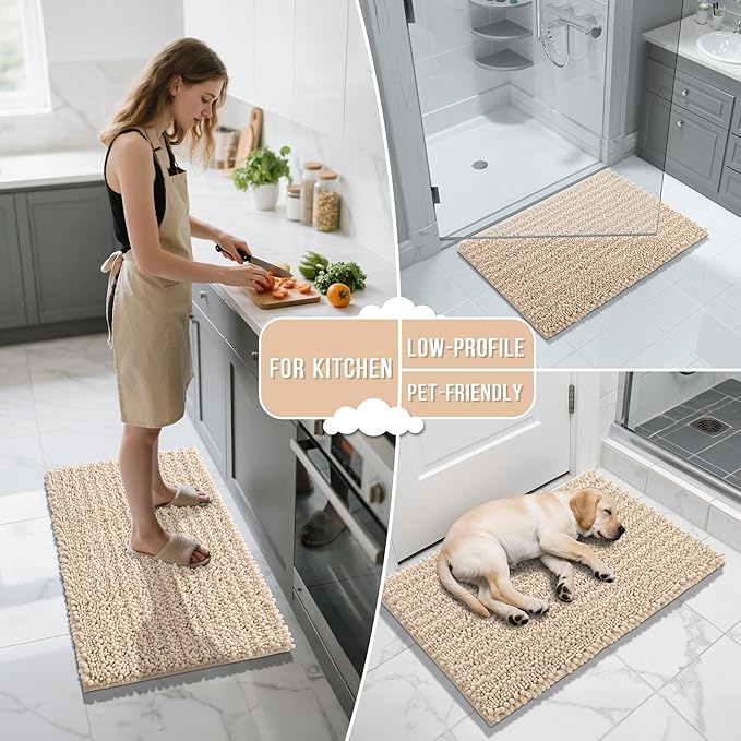 Yimobra Bathroom Rugs Non Slip Washable 24x17 Inch - Ultra Soft Absorbent Chenille Bath Mat, Quick Dry Shaggy Floor Carpet for Tub Shower, Light Brown Home Decor Accessories