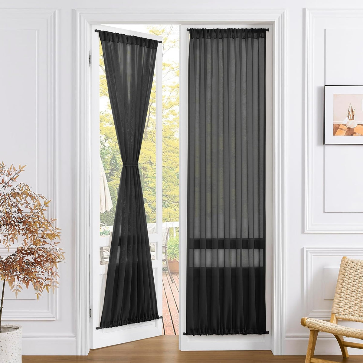 Tollpiz Sheer Door Curtains Closet Linen Textured Curtain Sheers Doorway Light Filtering Voile Patio Glass Door Rod Pocket Curtains French Door, 54 x 80 inches Long, Black, Set of 1 Panel
