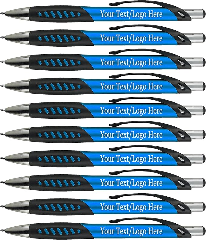 SyPen Promotional Pens With your Custom Logo or Text-300 Pack Bulk-for Businesses, Parties, and Events, Custom Printed Metallic/Colored Click Action Ballpoint Pens, Rubber Grip, Black Ink, Light Blue