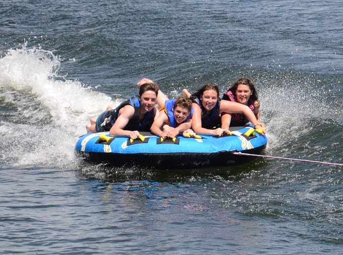 Rave Sports Mega Storm Boat Towable Tube - Inflatable Boating Tube for 1-4 Riders - Heavy-Duty Inflatable Tube for Boats to Pull - Water Sports Towable with Quick Connector Tow Point