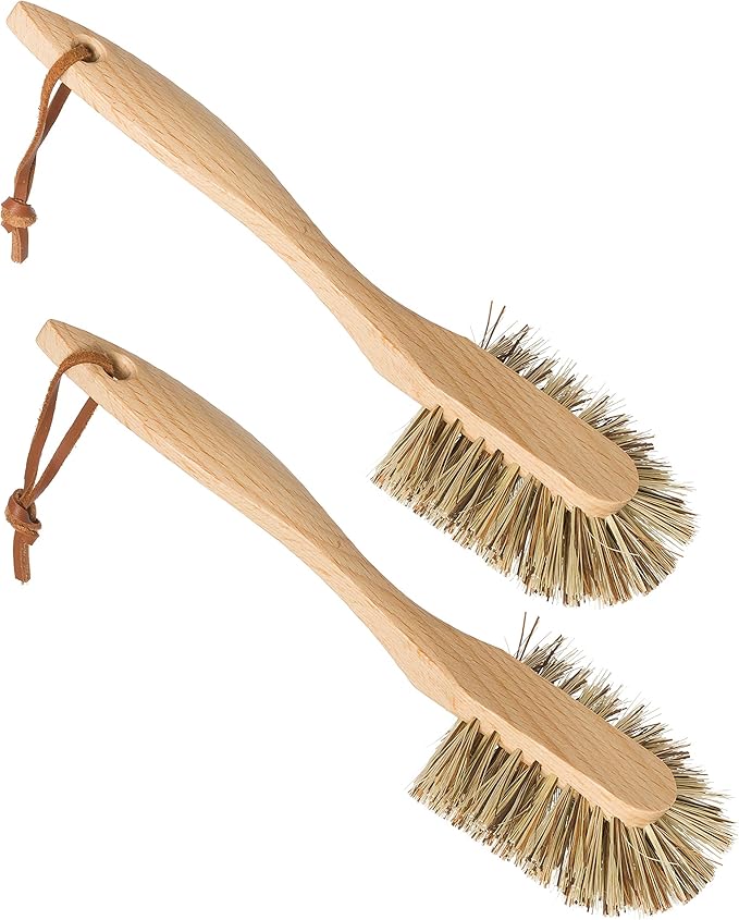 REDECKER Curved Dish Brush, Natural Union Plant Fiber Bristles, Ergonomic Design with Oiled Beechwood Handle, 10-1/2 Inches, Set of 2, Made in Germany - Union Bristle Scrubber
