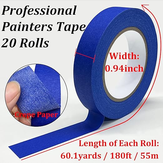 Blue Painters Tape, 20 Rolls Premium Masking Master Tape Painter Tape, Craft Adhesive Paint tape for Walls Painting, DIY Crafts Arts, Scrapbooking, Decoration, 1202yds=20*0.94in*60.1yds, Easy Removal