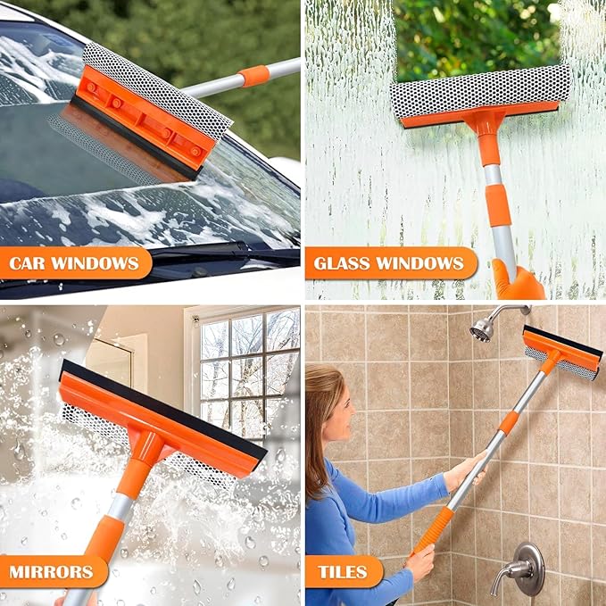 Squeegee for Window | 2-in-1 Window Cleaner Sponge and Soft Rubber Strip with Telescopic Extension Pole 18”-29” | Window Washer for Shower, Car Windshield, Mirror, Glass Cleaning