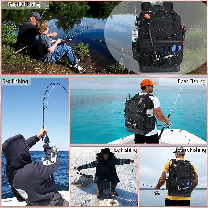 Fishing Backpack with Tackle Boxes and Rod Holder, Cooler, 30L Large Tackle Bag with Fishing Gear Lures Kit, Waterproof Bottom tackle Backpack Fish Set Gifts for Men Women-Black Back Pack