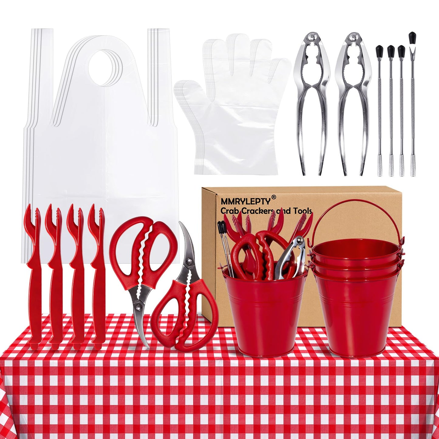 25 Pcs Seafood Tools Set, Crab Crackers and Accessories with Metal Bucket Crab Scissors Shellfish Forks Bibs Gloves and Tablecloth for Seafood Boil Party Supplies Festival Summer BBQ Picnic Birthday