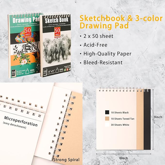 KALOUR 72-Pack Sketch Drawing Pencils Kit with Sketchbook and 3-color Drawing Paper,Tin Box,Include Graphite,Charcoal,Drawing Glove and Artists Tools,Pro Art Drawing Supplies for Adults Beginner
