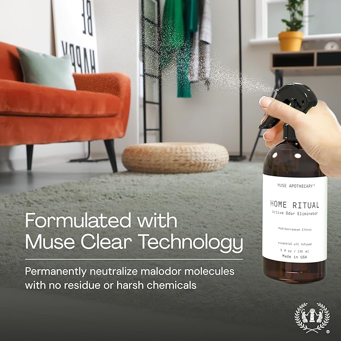 Muse Apothecary Home Ritual Active Odor Eliminator Spray - Furniture Deodorizer Spray & Bathroom Odor Eliminator for Home - Essential Oil Air Freshener - 8oz, Mediterranean Citrus