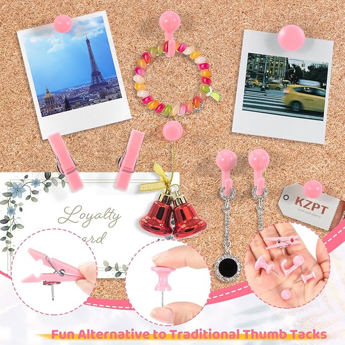 240Pcs Pink Thumb Tacks,5 Style Cute Push Pins, Decorative Push Pins for Bulletin Boards, Cork Board, Pink Office Supplies, Office Decor
