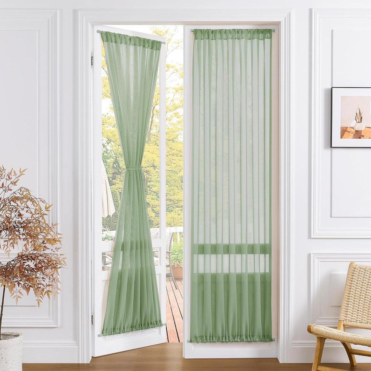Tollpiz Sheer Door Curtain Closet Linen Textured Curtain Sheers Doorway Light Filtering Voile French Door Rod Pocket Curtains Patio Door, 25 x 80 inches Long, Sage Green, Set of 1 Panel