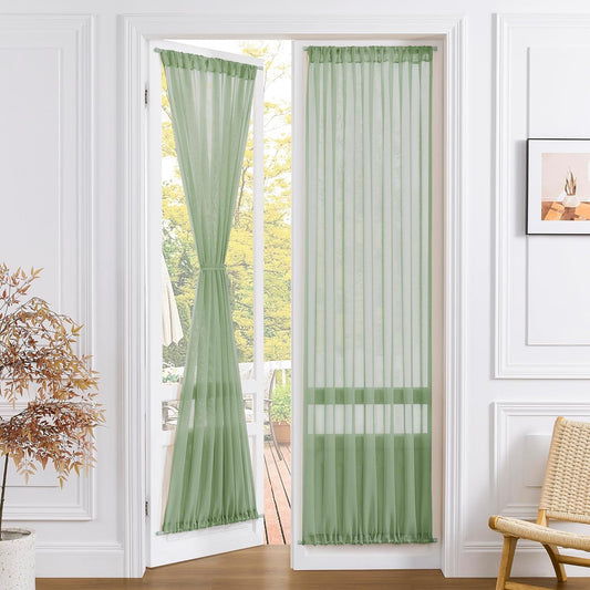 Tollpiz Sheer Door Curtain Closet Linen Textured Curtain Sheers Doorway Light Filtering Voile French Door Rod Pocket Curtains Patio Door, 25 x 80 inches Long, Sage Green, Set of 1 Panel