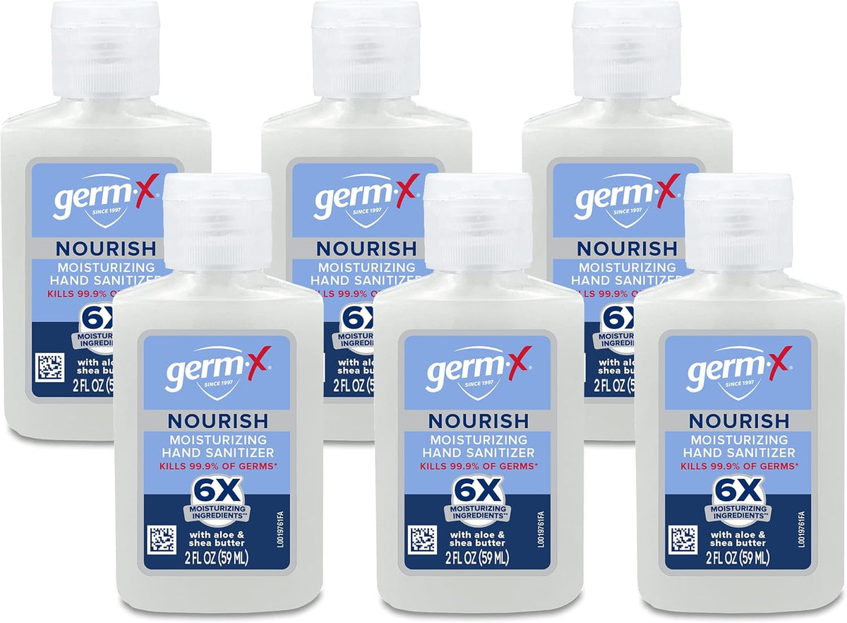Germ-X Nourish Hand Sanitizer, 2-in-1 Moisturizing and Sanitizing Formula with Shea Butter, Vitamin E & Aloe, Non-Greasy, Mini Travel Size for On-The-Got, 2 Fl Oz (Pack of 6)