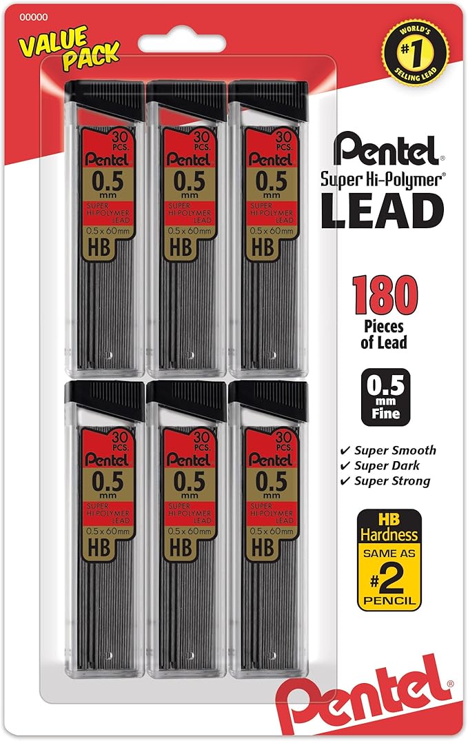 Pentel Super Hi-Polymer Refills, 0.5 mm Fine, HB, 180 Pieces of Lead (C25BPHB6)