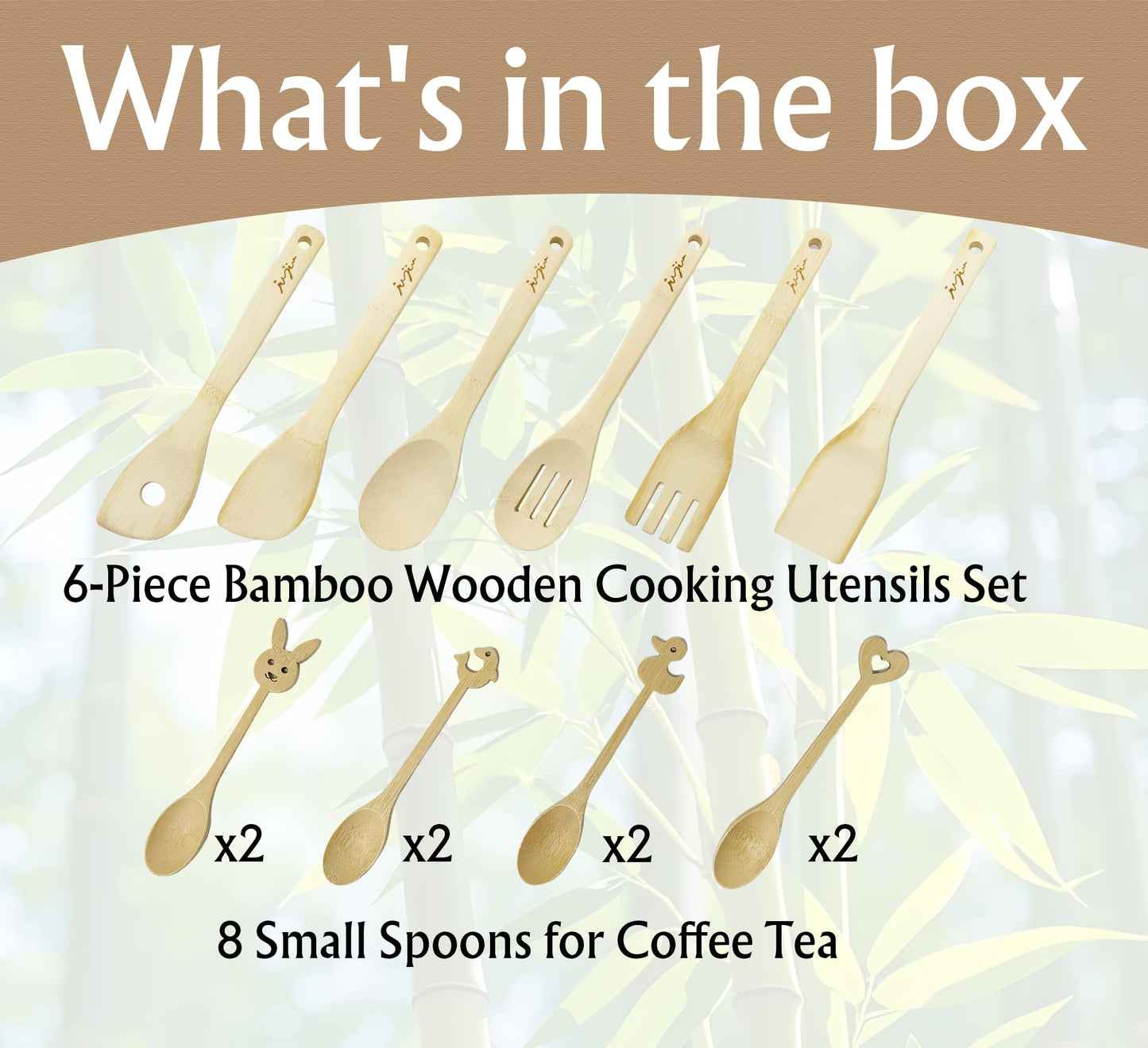 JUJIU 14-Piece Bamboo Wooden Kitchen Utensil Set - 6 Non-Scratch Heat-Resistant Cooking Tools with Storage Holes + 8 Small Spoons for Coffee, Tea, Eco-Friendly Sustainable Kitchen Gift Set