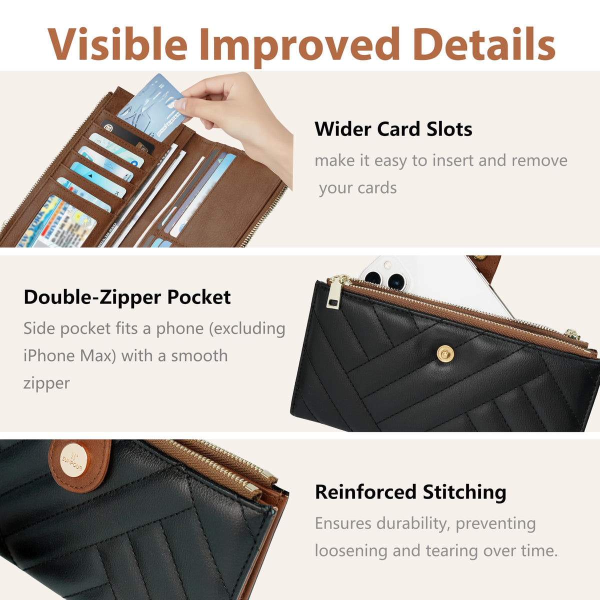 Sunpour Women’s Wallet,Thin RFID Blocking Leather Wallet for Women Credit Card Holder Travel Wallet with Zipper Pocket(Sleek Black & Brown)