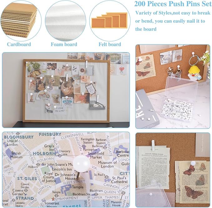 BESARME 200 Pieces Push Pins Set, 5 Types White Thumb Tacks Cute Decorative Push Pins for Wall Cork Board Bulletin Boards with Storage Box