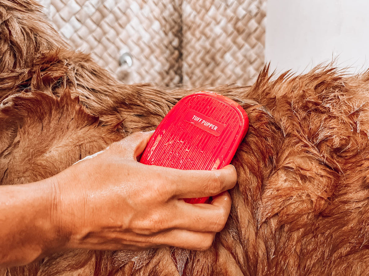 Tuff Pupper Dog Bath Brush, Silicone Pet Hair Remover Brush for Shampooing & Massaging Dogs, Dog Washing Brush with Soft Rubber Bristles Gently Removes Loose & Damaged Fur