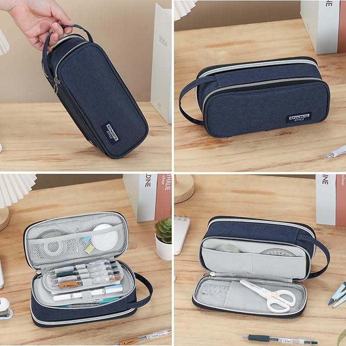 Pencil Case Large Zipper Pencil Pouch for Girls Kids Teens Adults Aesthetic Pencil Bag Stationery Organizer Pencil Case with Handle for School Blue