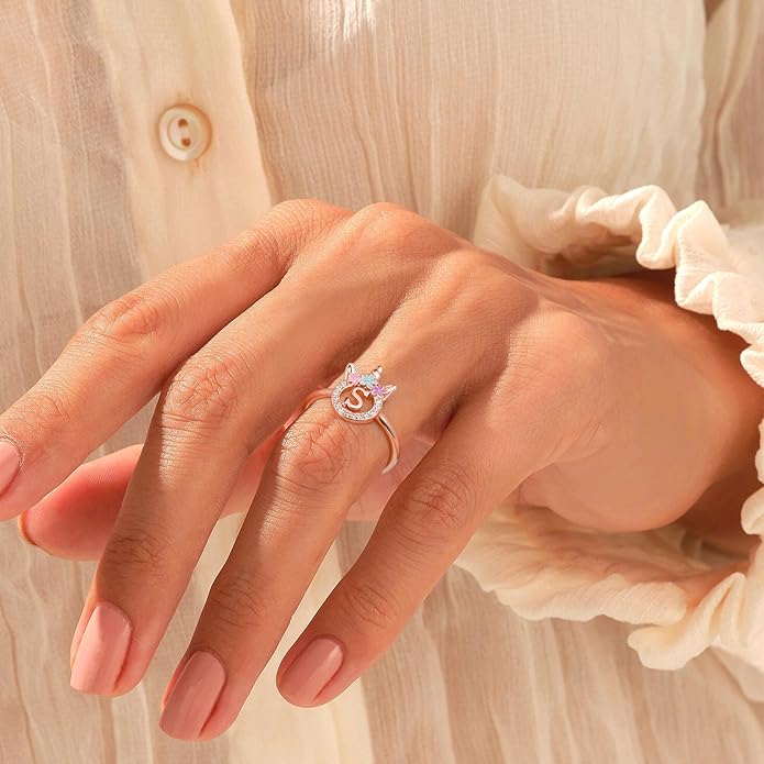 Unicorn Rings Gifts for Girls - Adjustable Initial Ring Dainty Cute Unicorn Rings for Girl Teens Little Girls Jewelry Birthday Gift