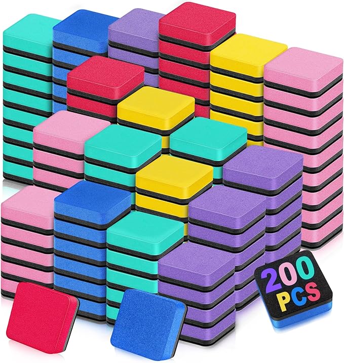 200 Pack Dry Erase Erasers, Mini Magnetic Dry Erase Eraser Bulk, Square 6 Colors White Board Dry Erasers, Ideal Chalkboard Cleansers, Perfect for Kids Classroom, Home and Office (1.97 x 1.97 Inch)