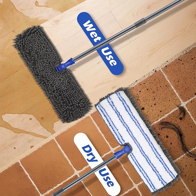 Two Sided Dust Mop Floor Cleaning System, MASTERTOP 360 Microfiber Mop with Stainless Steel Handle,Wet Dry Mop,Flat Flip Mops for Hardwood, Laminate, Vinyl, Tiles,4 Washable Mops Pads