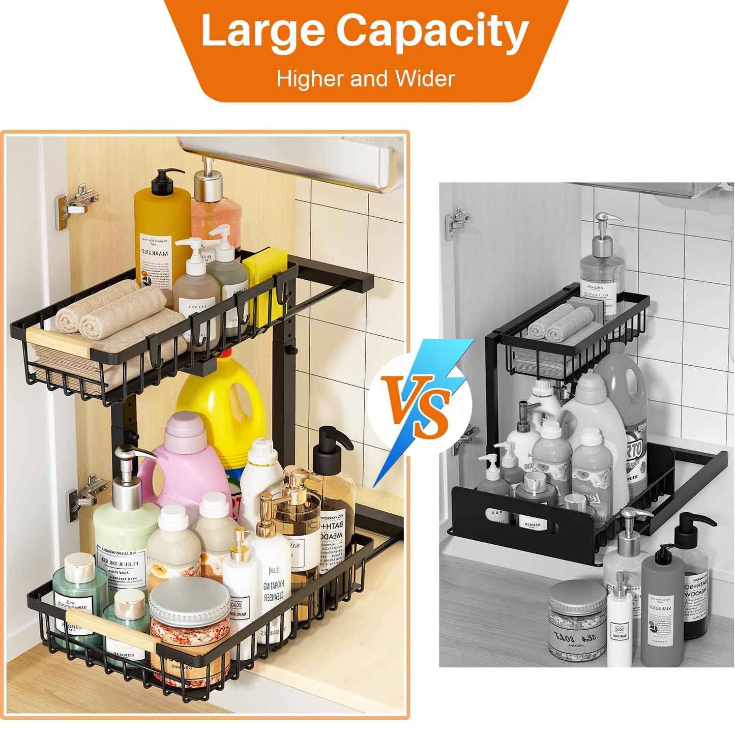 REALINN Under Sink Organizer, Height Adjustable 2 Tier Pull Out Cabinet Storage, L-Shaped Drawer Organizer for Kitchen Sink Organizer, Bathroom Organizers and Storage, Smooth Sliding Rails, Black