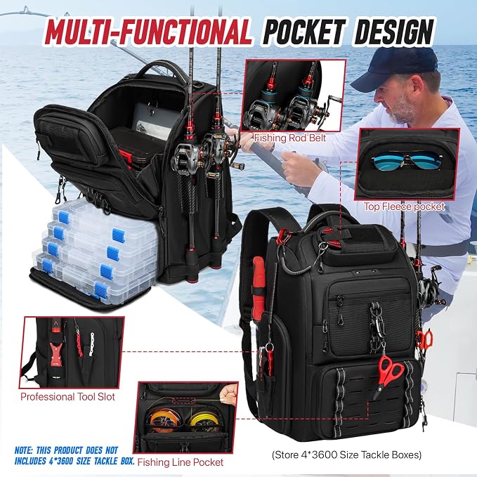 Fishing Tackle Backpack,40L Tackle Bag with 2 Rod Holders,Water-Resistant Large Storage Fishing Gear and Equipment(Black)