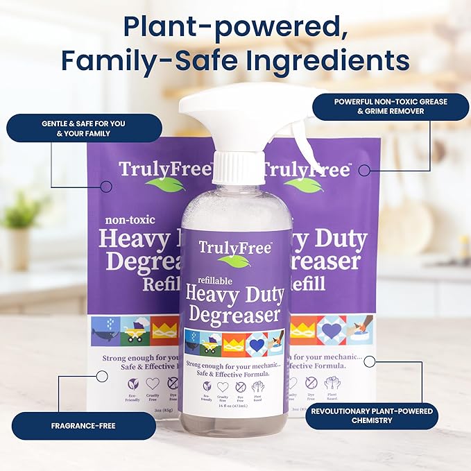 Truly Free Heavy Duty Degreaser- Grease Remover & Grime Cleaner for Kitchen, Automotive & More, Household Cleaning Supplies, Fragrance-Free, Includes 16 oz Reusable Empty Bottle & 2 Refills (4 oz)