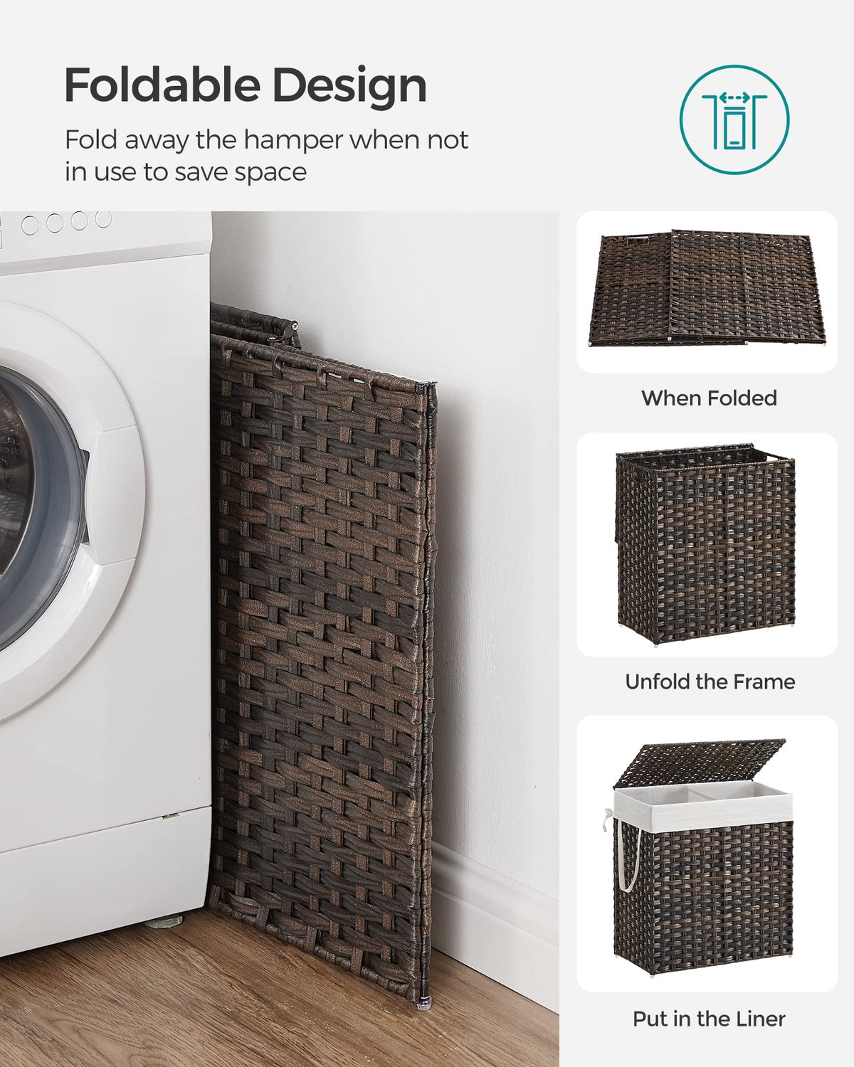 SONGMICS Laundry Hamper with Lid, 110L Clothes Hamper with 2 Removable Liner Bags, 6 Mesh Bags, Wicker Laundry Basket, Double Laundry Hamper for Bathroom, 13 x 22.4 x 23.6 Inches, Brown ULCB052K02