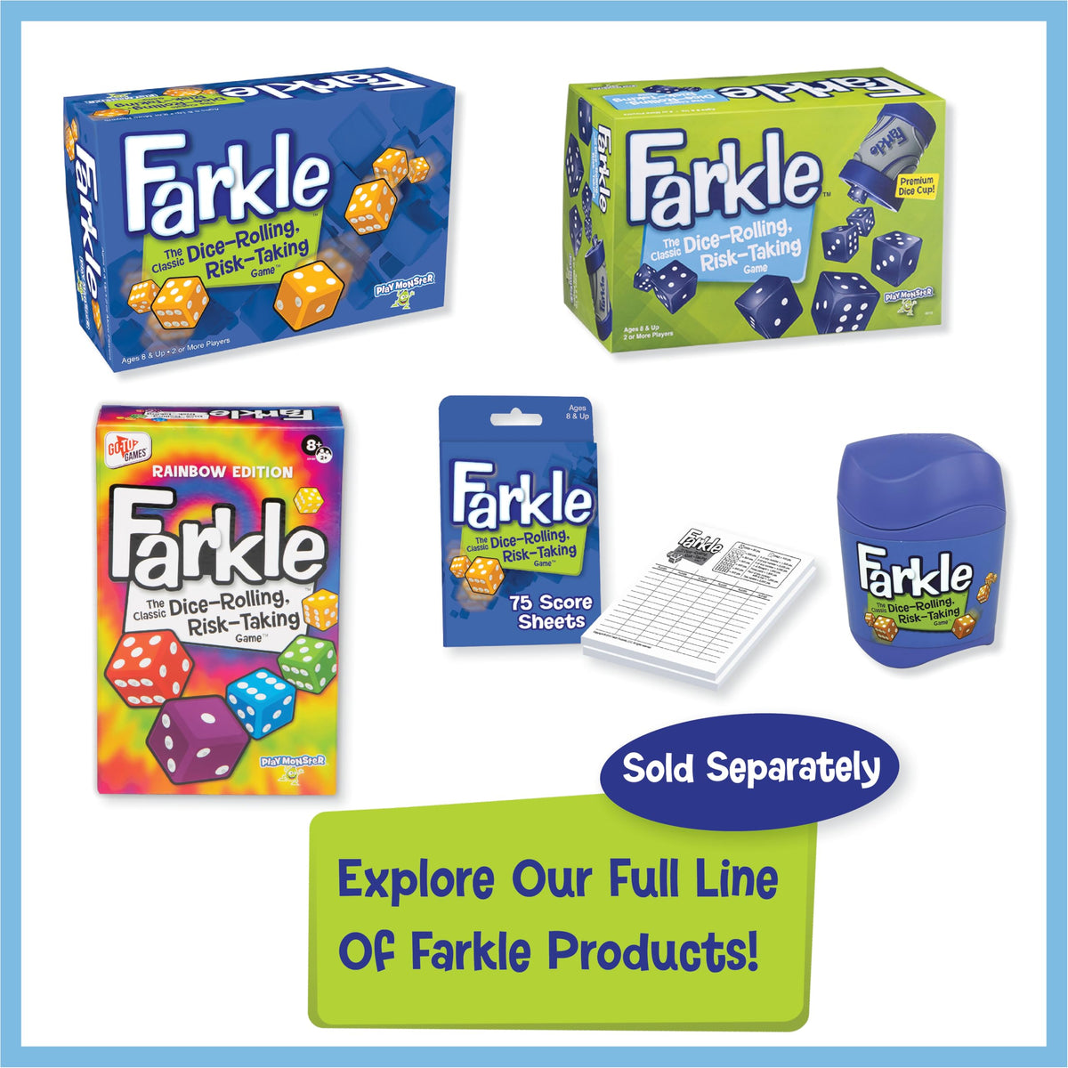 PlayMonster Farkle Classic Dice Game – Premium Kids Games, Dice Games, Family Games, Travel Games, Adult Games, Board Games, Dice Cup, Dice Set, Farkle Score Sheets Included, Ages 8+
