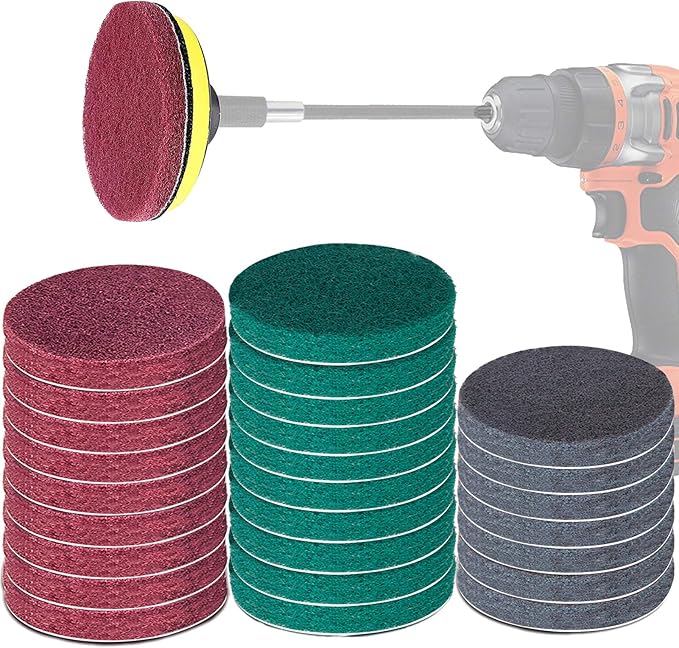 Power Scrub Pads Drill Attachment, GOH DODD 30 Pieces 5 Inch Headlight Restoration Kit Cleaning Kit Scouring Pads with Baker and Universal Shaft for Kitchen, Bathroom, Grout, Carpet, Tub, Grill,Tile