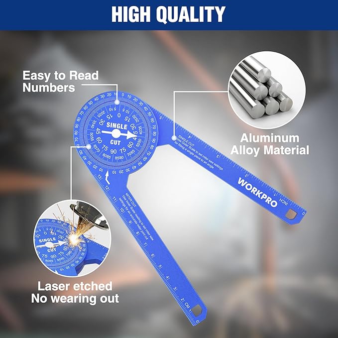 WORKPRO Aluminum Miter Saw Protractor, 7.3 Inch Angle Finder Featuring Precision Laser Engraved Scales for Inside and Outside Corner, Carpenters, Plumbers and All Building Trades, 360° Rotation, Blue