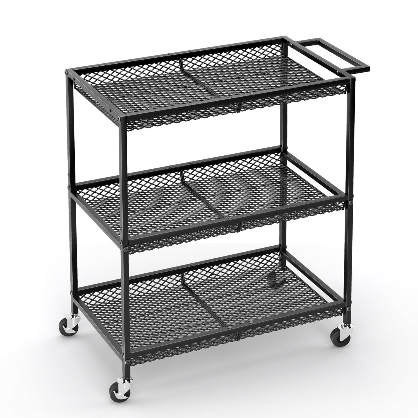 3 Tier Rolling Utility Kitchen Cart, Heavy Duty Wire Rolling Cart on Wheels, Commercial Metal Serving Carts with Handle, Kitchen Island Plant Shelf Food Storage Trolley for Laundry, Office, Garage