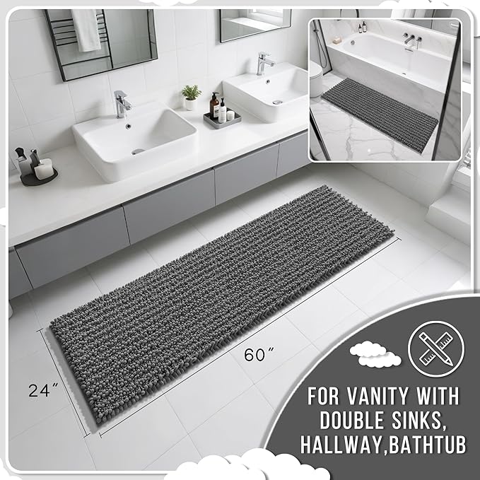 Yimobra Bathroom Runner Rug 60x24 Inch - Extra Long Non Slip Chenille Bath Mat, Soft & Absorbent, Machine Washable Shaggy Hallway Carpet for Vanity Tub Shower, Dark Gray Home Decor Accessories