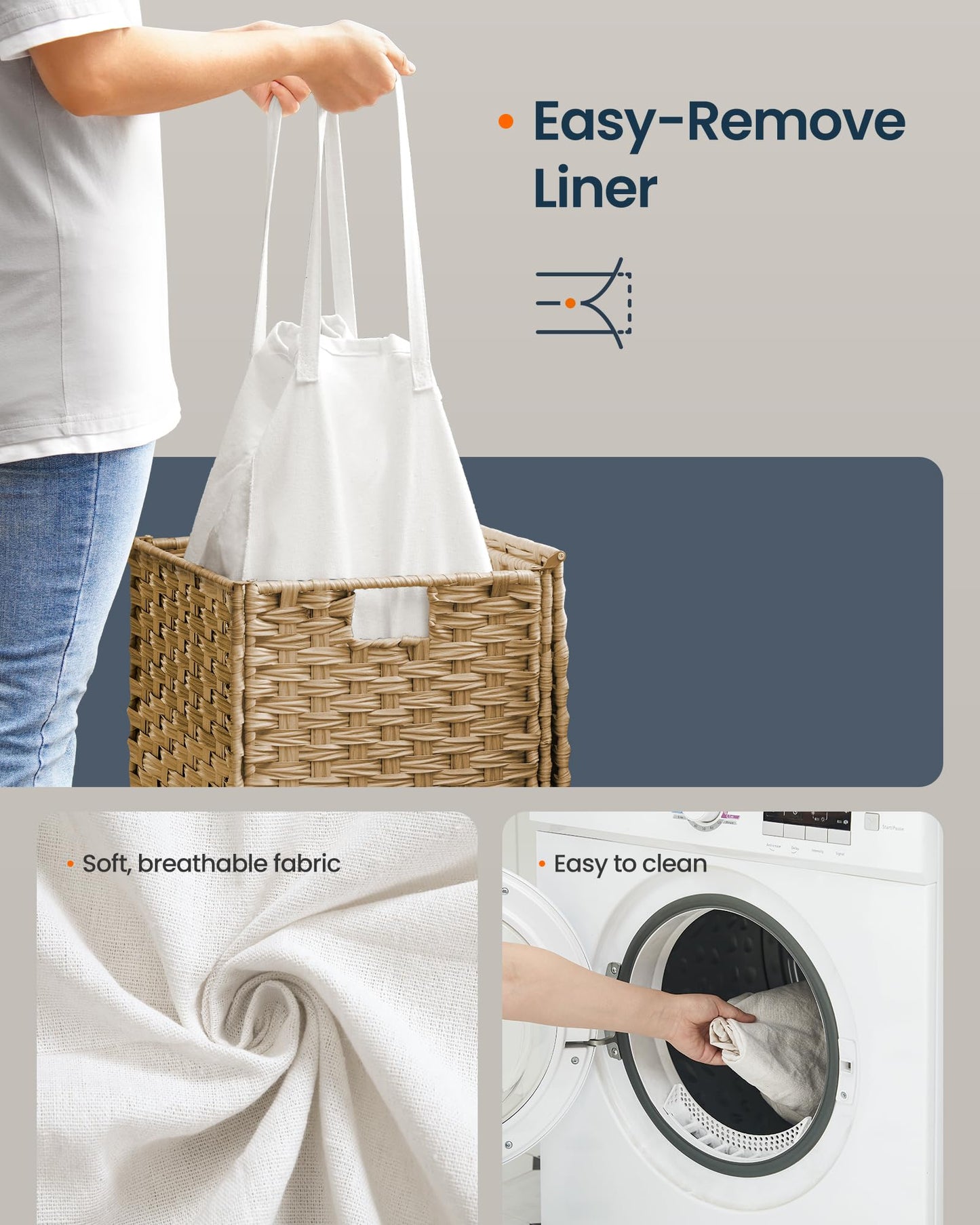 SONGMICS HOME Laundry Hamper with Lid, Clothes Basket with Removable Liner and Handles, 17.2 Gallon, Foldable Narrow Laundry Organizer for Bathroom, Bedroom, Light Brown