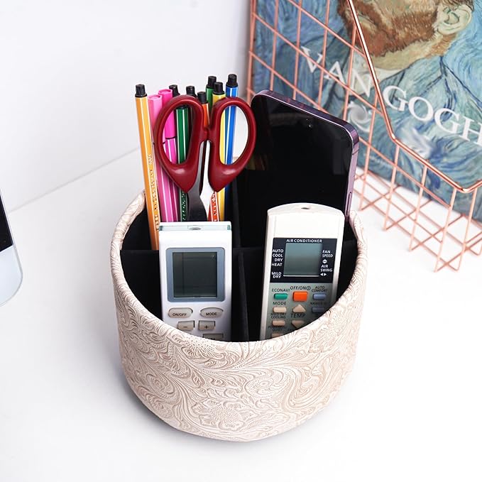 lizimandu Round Leather Art Supply Organizer,Remote Control Holder,360 Degree Spinning,Multi-Functional Pencil Holder,4 Compartments Desktop Stationary Organizer(1-Carved White)