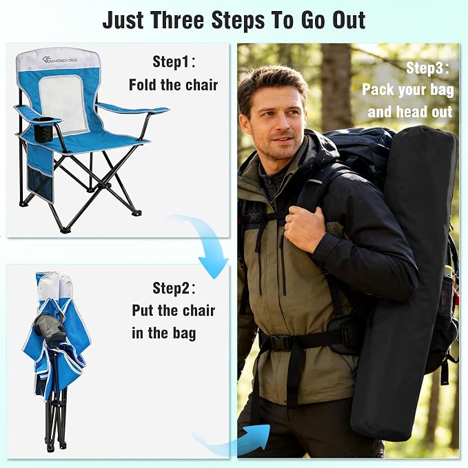 Camping Chair, 300 LBS Breathable Mesh Lawn Chairs Folding (Blue White) | High Back, Portable Outdoor Folding Camping Chair for Adults, with Cup Holder for Picnic, Lawn, Beach, Fishing and Sports