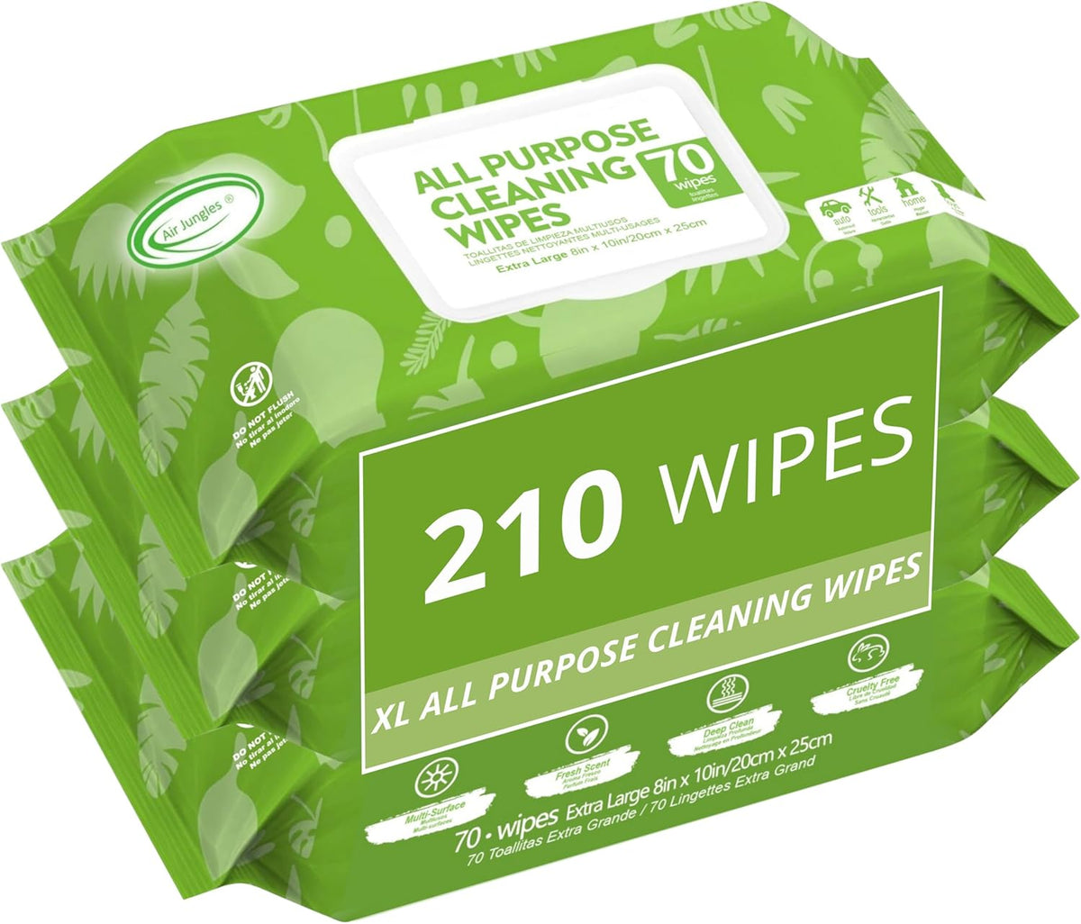 Air Jungles All Purpose Car and Home Cleaning Wipes 70 Count (Pack of 3), Extra Large 8" x 10" Size Cleaner Wipes for Car Interior Household Appliance Yoga Mat Desk Gym Equipment Couch Desk & Fabric