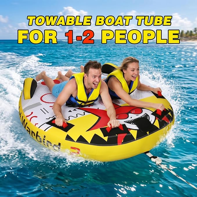 Towable Tube for Boating, 1–2 Person Inflatable Towable Tube with Quick Connect, Heavy Duty 840D Nylon Water Tube for Lake & Water Sports