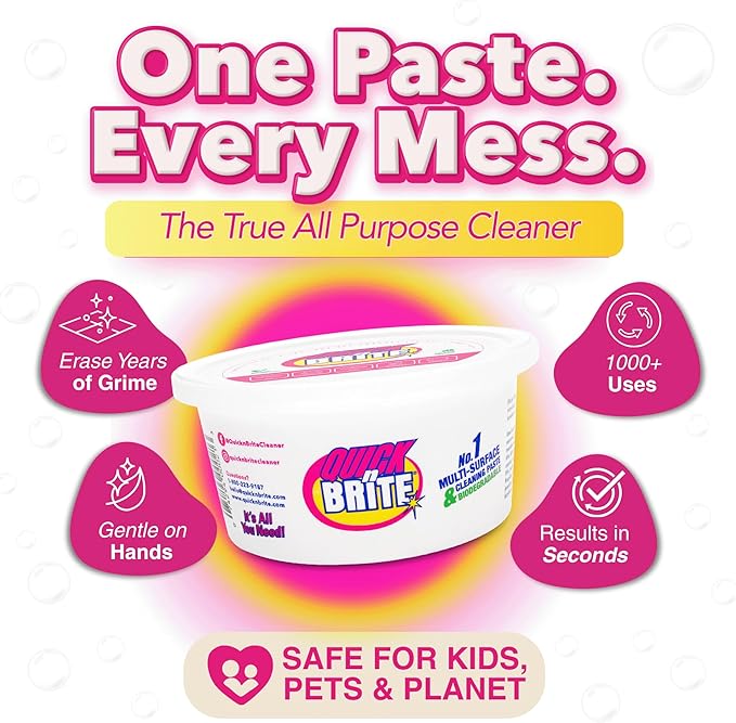 Quick 'n Brite All Purpose Cleaning Paste – Miracle Cleaner for Tough Stains | Eco-Friendly, Non-Toxic, Pet-Safe | Multi-Surface Stain Remover | Made in USA, 12oz (Pack of 2)