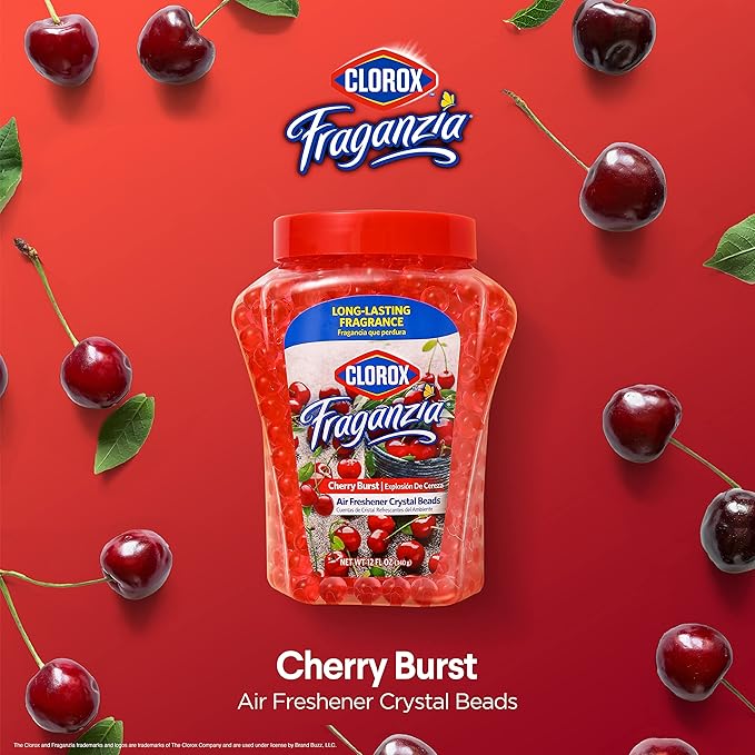 Clorox Fraganzia Crystal Beads Air Freshener in Cherry Burst Scent - Long-Lasting Room Deodorizer - Odor Eliminator Gel Beads to Freshen Home, Car, or Office, 12 Fl Oz