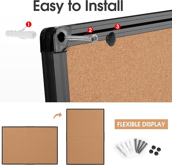 Board2by Extra Large Cork Bulletin Board 60" X 36", Foldable Notice Pin Board for Wall, Black Aluminum Framed 5'x3' Corkboard, Wall Mounted Noticeboard with 36 Push Pins for School, Home & Office