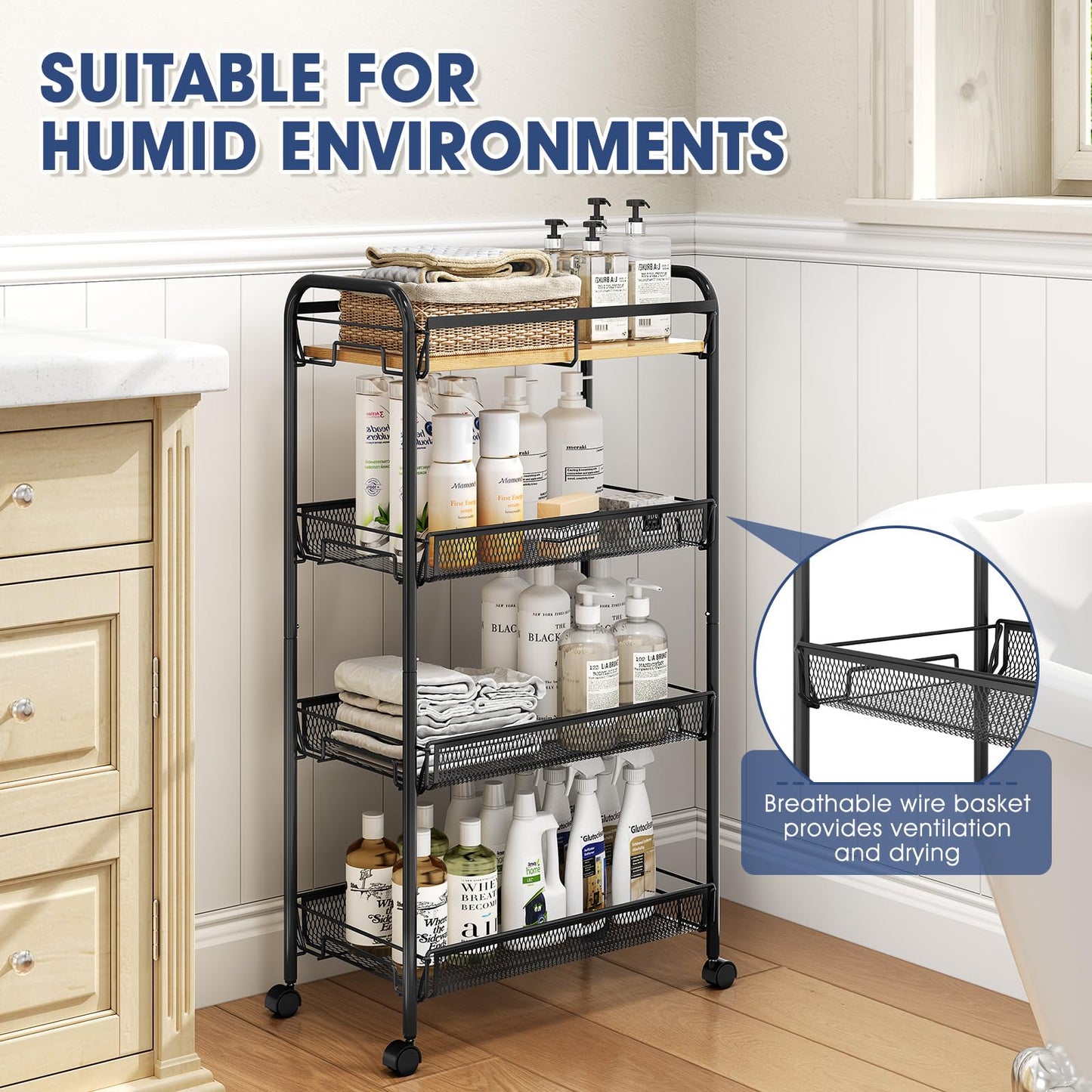 TOOLF 4-Tier Rolling Cart, Metal Utility Cart, Slide Out Storage Cart with Wooden Tabletop and Mesh Baskets, Easy Assemble Trolley for Kitchen Bathroom Laundry Room Bedroom Apartments Dormitory