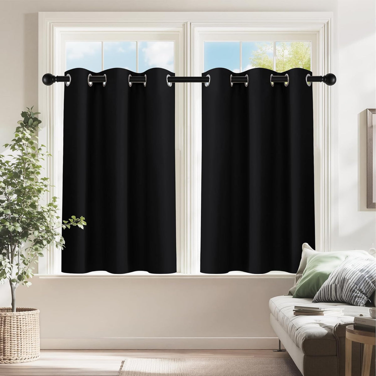 PONY DANCE Kitchen Curtains 24 inch Length - Blackout Camper Curtains for Travel Trailers, Set of 2 Panels Tiers, Short Small Window Drapes for Bathroom & Basement, Ideal for RV Camper, Black