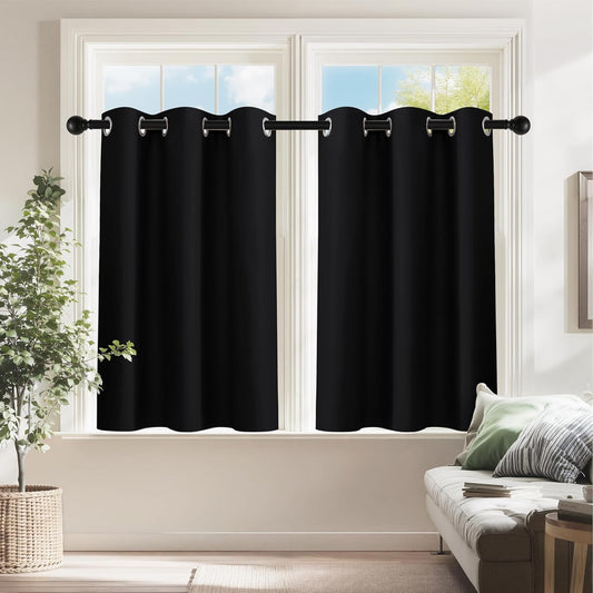 PONY DANCE Black Short Blackout Curtains for Bedroom, Small Windows Shades Thermal Insulated Privacy Drapes for Classroom Bathroom Laundry RV, Wide 42 x Long 36 inch, 2 Panels