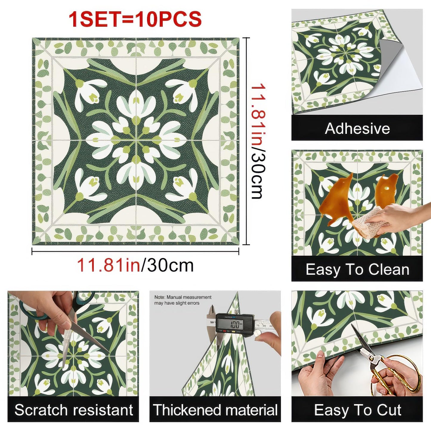 HOMETITUTE 10PCS 12x12 Inch Green Snowdrop Botanical Pattern Floor Tiles Peel and Stick Removable Self Adhesive DIY Vinyl Flooring Stickers for Kitchen Bathroom Living Room Entryway Home Decor