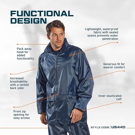 Portwest US440 Classic Waterproof Rain Jacket wth Pack Away Hood & Sealed Seams, Yellow, Medium