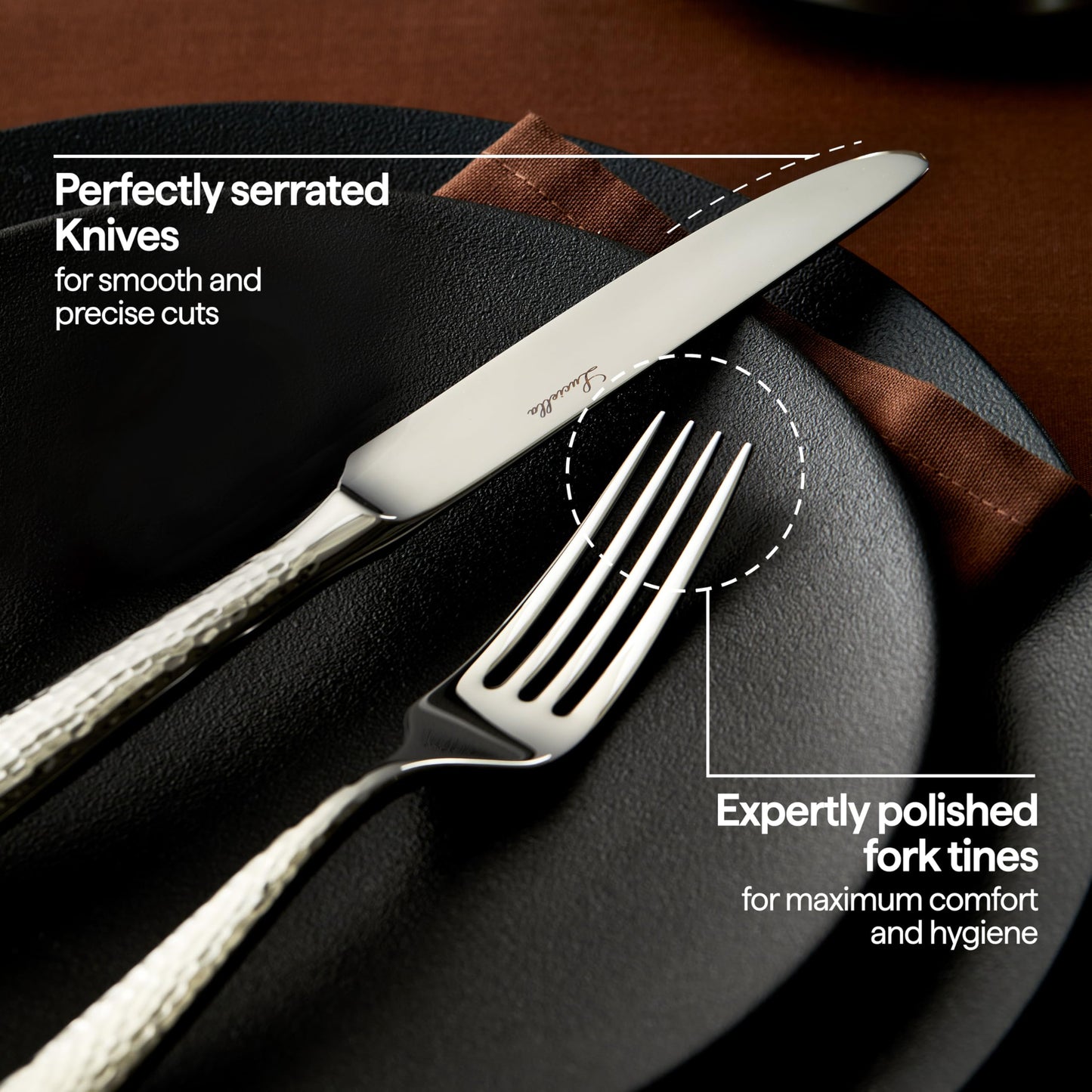 Luciella Ponza Flatware Set for 12, 65-Piece Stainless Steel Silverware Set with Serving Utensils, Timeless Hammered Design, Rust-Resistant, Mirror Polished & Dishwasher Safe Mothers Day Gifts