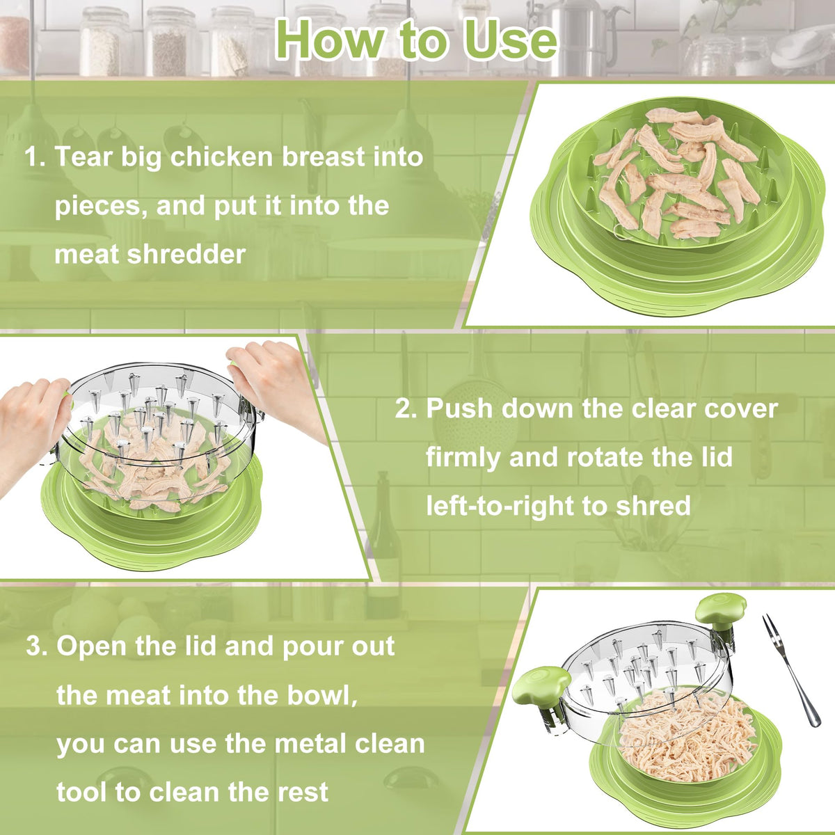 SURETIVIAN Chicken Shredder Tool Twist Large Chicken Breast Shredder with Brush&Fork, Visible Meat Shredder Machine, Anti-Slip Strip, Ergonomic Handle, BPA Free, Suitable for Pork Beef Chicken(Matcha)
