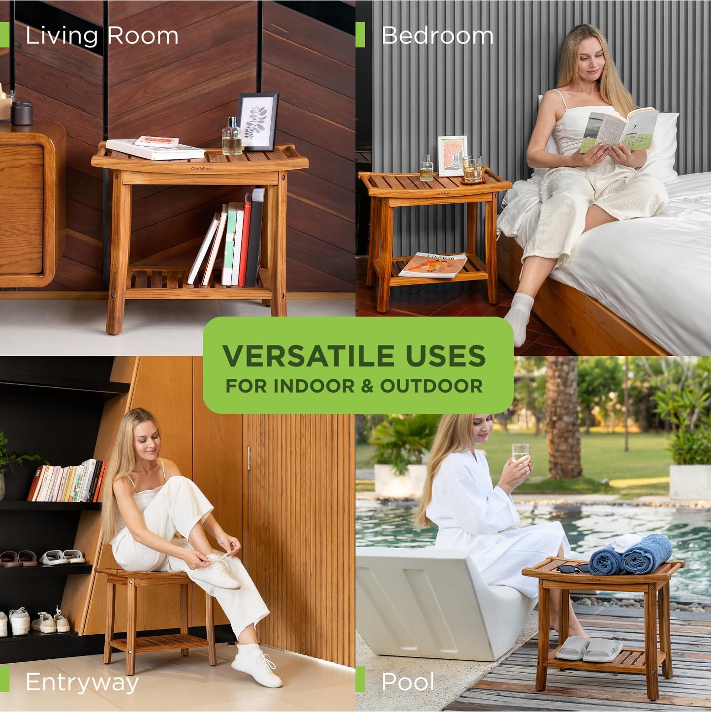 GREENTEAK Premium 22" Teak Wood Shower Bench with Shelf, 2-Tier Waterproof Teak Shower Stool, Non-Slip Feet for Enhanced Safety, Spa Bath Seat for Bathroom, Indoor & Outdoor Use, 300 lb Capacity